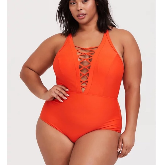 SOLD🌺Torrid ORANGE DEEP-V LATTICE ONE-PIECE - Picture 1 of 6